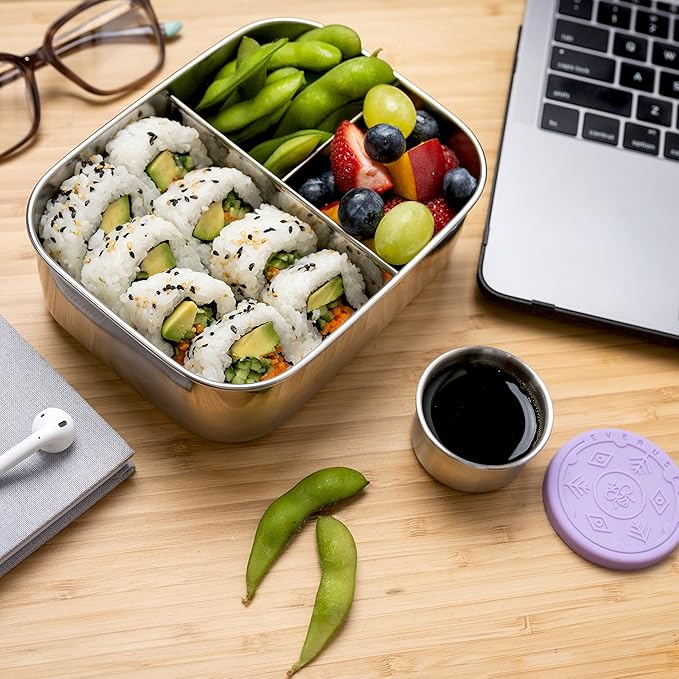 Everusely - Bento Box - Lavender, 27oz / 0.8 L - Stainless Steel Lunch Box with Leakproof Condiment Container - 3 Compartment Snack Organizer for On the Go Meals - Freezer & Dishwasher Safe