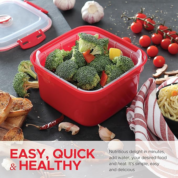 3 Piece Microwave Steamer Basket with Removable Strainer - 2 Liter Microwave Staemer for Vegetables, Broccoli & Fish - BPA Free Veggie Steamer with Airtight Locking Lid