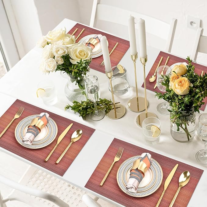 Placemats Set of 8 - Easy Clean Washable Vinyl Placemats - Wipeable Heat Resistant Table Mats for Dining Table - 17.7x11.8 Inch (8, Red Gradient)