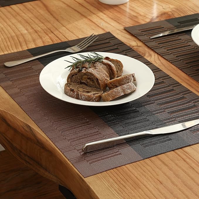 Leetaltree Brown with Black Striped Placemats Set of 6 - Heat Resistant Non-Slip Place mats for Dining Table, Washable Durable PVC Vinyl Woven Table Mats（Brown Stripe, 6）
