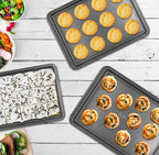 PERLLI Non-Stick 3-Piece Baking Pan Set, BPA-Free Gray Carbon Steel Bakeware Set, Stackable Kitchen Oven Set, Cookie Sheet, Baking Tray, Baking Sheet Set, Oven Safe (446°F)