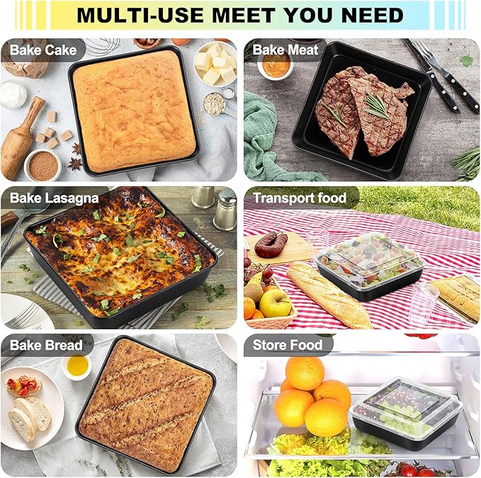P&P CHEF Square Baking Pan with Lid, Nonstick Stainless Steel Square Cake Pan and Plastic Lid, Black Bakeware Tin for Lasagna Brownies, Sturdy & Easy Clean, (9 Inch, 4Pcs)
