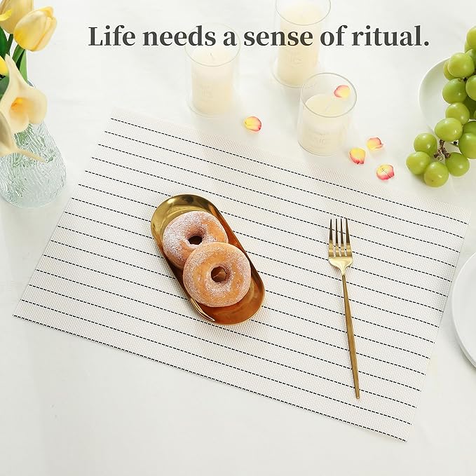 Leetaltree White with Black Stripes Placemats Set of 6 - Heat Resistant Non-Slip Place mats for Dining Table, Washable Durable PVC Vinyl Woven Table Mats（White Stripes, 6）