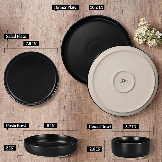HaWare 16-Piece Plates and Bowls Set for 4, Stoneware Dinnerware Sets with Pasta Bowl, Dishes Set for Home Restaurant, Frosting Black