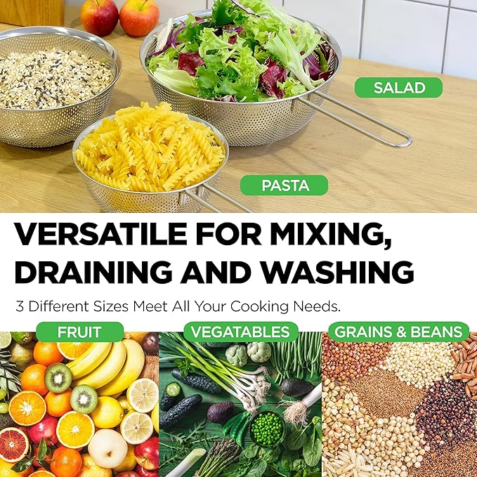 Premium 18/8 304 Stainless Steel Strainer Set of 3 with Long Handle, Micro-Perforated Colanders 1.5-2.5-4 Quart Set, Self-Draining Solid Base for Pasta, Fruits, Vegetables, Made in Korea