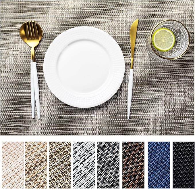 LEXMORE PVC Woven Placemats 6 PCS Wipeable Indoor/Outdoor Table Mats Washable Vinyl Place Mats for Dining Table, Set of 6-Cappuccino