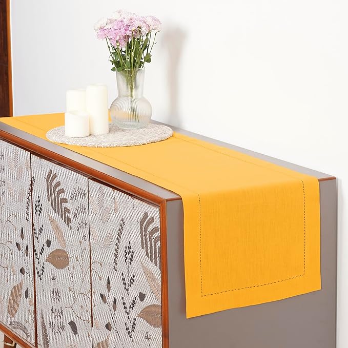 D'Moksha Homes Linen Sunflower Yellow Table Runner 108 Inches Long - 100% Pure Linen 14 x 108 Inch Table Runner for Summer, Fall and Halloween - Classic Hemstitch