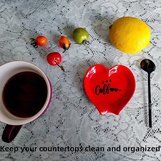 Heart-shaped Coffee Spoon Rest, Mini Coffee Spoon Holder, Small Ceramic Spoon Rest for Coffee Stirrers, Teaspoon, Bar Spoon, Coffee Bar Accessories, Coffee Station (Red+black spoon)