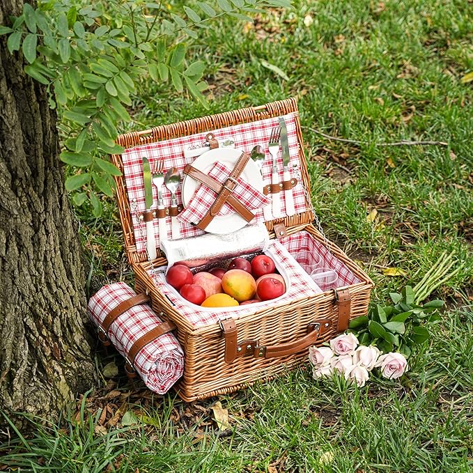 Wicker Picnic Basket Set for 2 Persons with Waterproof Picnic Blanket and Large Insulated Cooler Compartment, Willow Picnic Hamper Basket with Cutlery Service Kits for Camping, Wedding (Red)