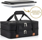 Stack Store Plus More Insulated Expandable Casserole Carrier and Lasagna Holder for Picnic Potluck Beach Day Trip Camping Hiking - Hot and Cold Thermal Bag – Baking Dish with Lid Included - Black
