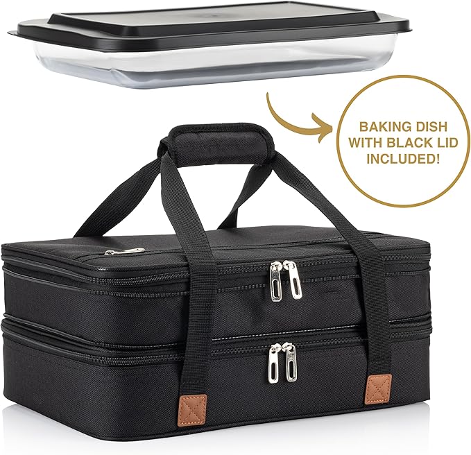 Stack Store Plus More Insulated Expandable Casserole Carrier and Lasagna Holder for Picnic Potluck Beach Day Trip Camping Hiking - Hot and Cold Thermal Bag – Baking Dish with Lid Included - Black