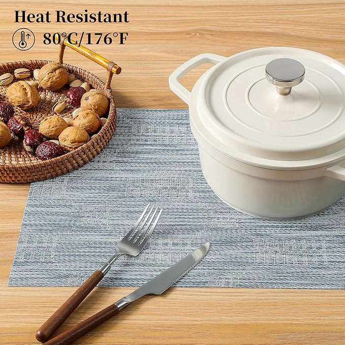 Leetaltree Jacquard Blue Placemats Set of 8 - Heat Resistant Non-Slip Place mats for Dining Table, Washable Durable PVC Vinyl Woven Table Mats(Jacquard Blue, 8)