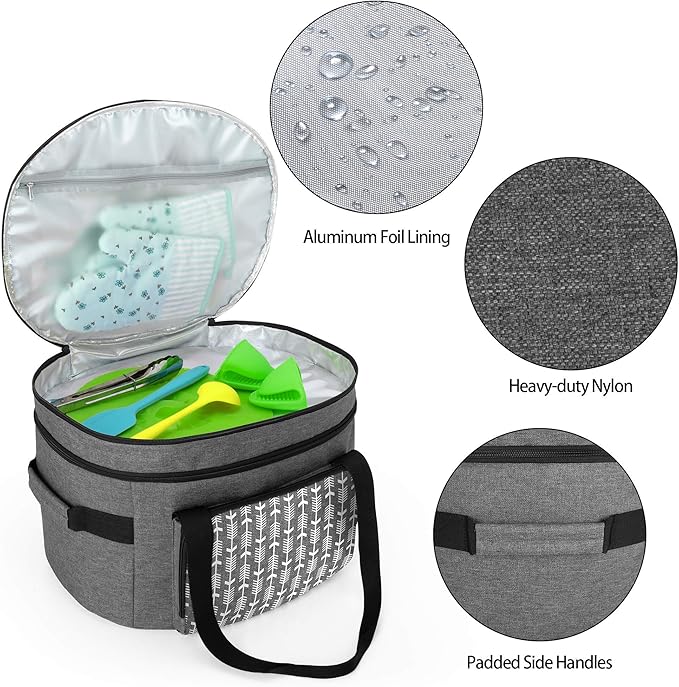 Yarwo [Upgraded Slow Cooker Travel Bag with Bottom Board Compatible with Crock-Pot and Hamilton Beach 6 7 8 Quart, Double Layers Slow Cooker Carrier, Gray with Arrow (Bag Only, Patent Pending)