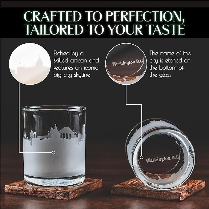 Greenline Goods Skyline Etched Washington, DC Whiskey Glasses (Set of 2) | Old Fashioned Tumbler – For Washington, DC Lovers