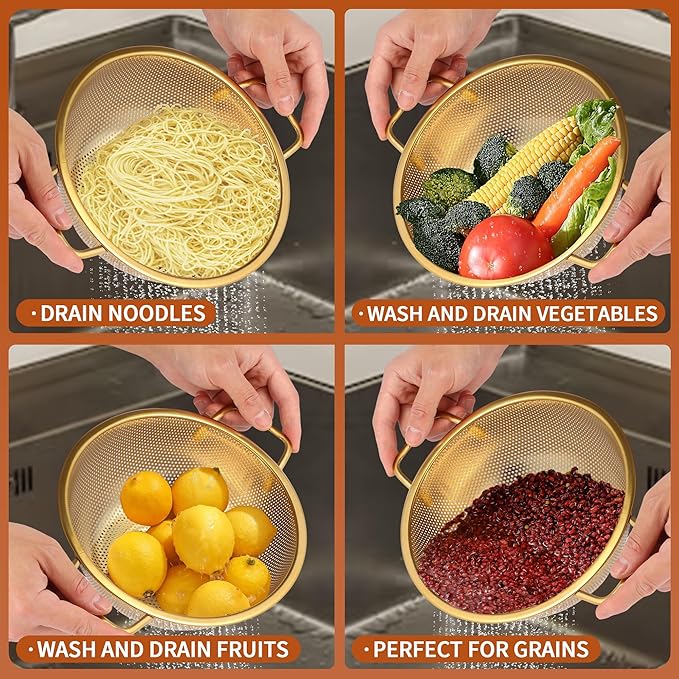 Golden Colander, 3QT Durable Stainless Steel Stainer for Pasta Noodle Rice Food Vegetables, Metal Drainer With Food Grade Surface For Easy Straining(Gold, 3QT)