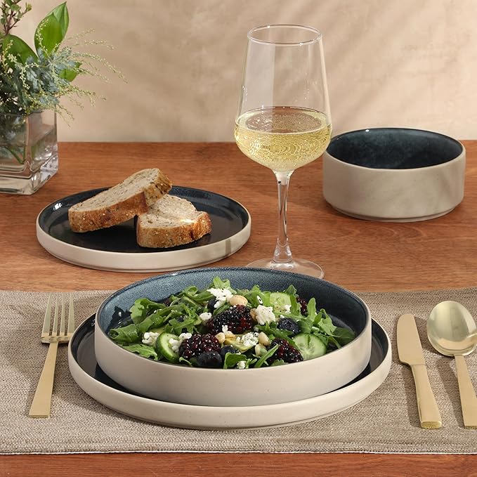 Gibson Elite Liberty Bay 16-Piece Pottery Clay Stoneware Dinnerware Set – Blue Reactive Glaze, Stackable Plates and Bowls W/Pasta Bowl, Service for 4 – Microwave & Dishwasher Safe