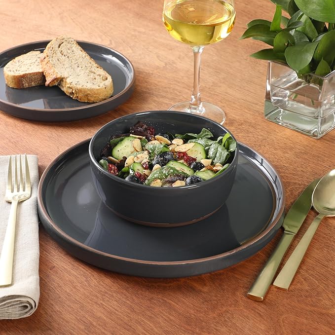 Gibson Elite Northrock Stoneware Dinnerware Set, 16-Piece Service for 4 Plates and Bowls Set – Charcoal Blue Dishes with Hand-Painted Terracotta Base