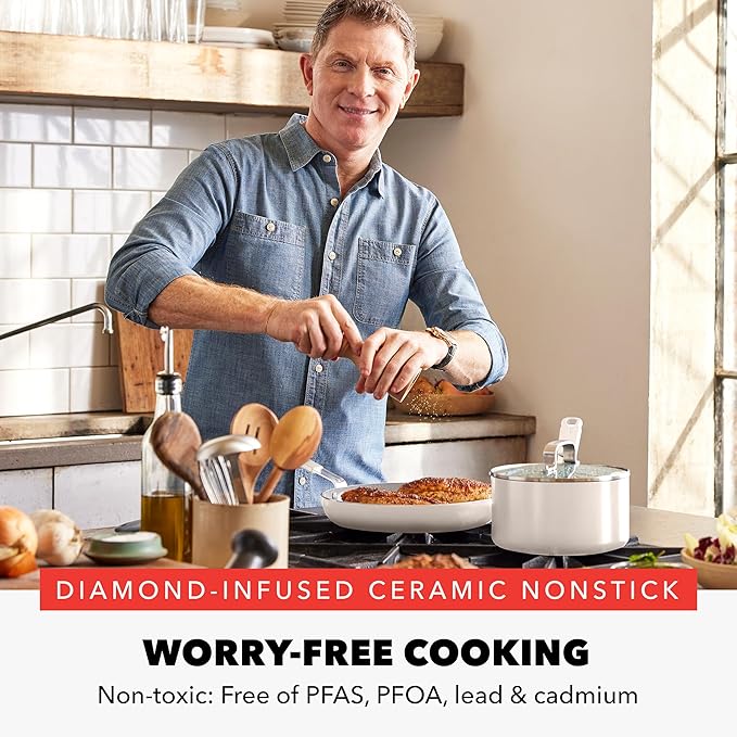 GreenPan x Bobby Flay 13 Piece Nonstick Cookware Pots and Pans Set, PFAS-Free Diamond Ceramic, Induction Suitable, Easy Clean Dishwasher & Oven Safe, Stay-Cool Silicone Handles, Glass Lids, Cream