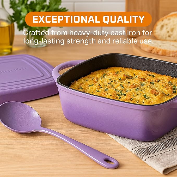Bruntmor 2-in-1 Square Enamel Cast Iron Dutch Oven Baking Pan with Handles, Purple Baking Pans Set with Cast Iron Skillet, Braising Pan for Casserole Dish with lid, Oven Safe