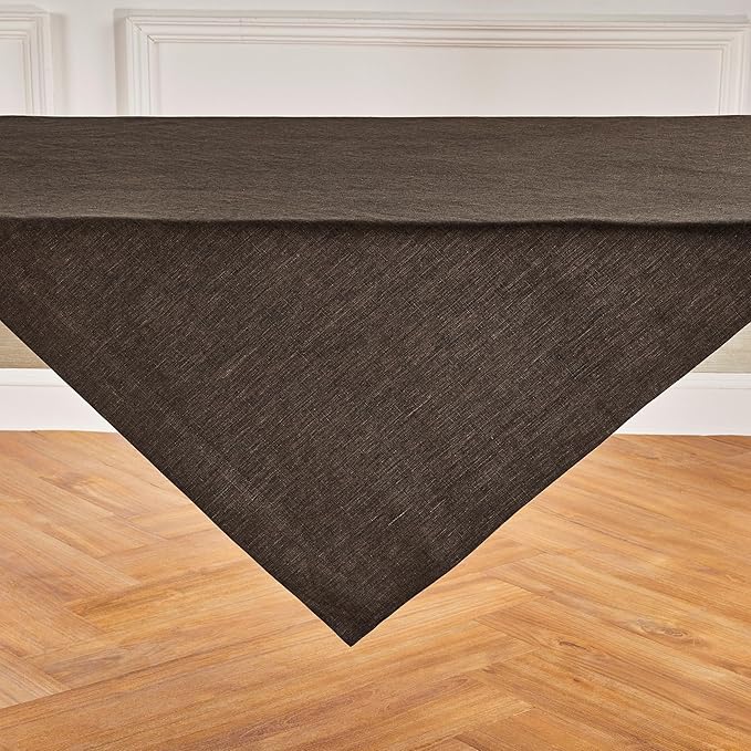 Solino Home Linen Square Tablecloth 52 x 52 Inch - 100% Pure Linen Chambray Brown Table Throw - Athena, Machine Washable Tablecloth for Fall, Autumn