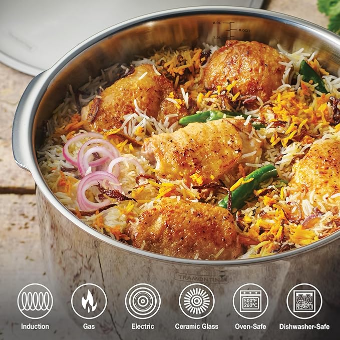 Tramontina Utsava 9.5-Quart Tri-Ply Clad Stainless Steel Tope with Lid, Extra Large Patila Pot for Indian Cooking