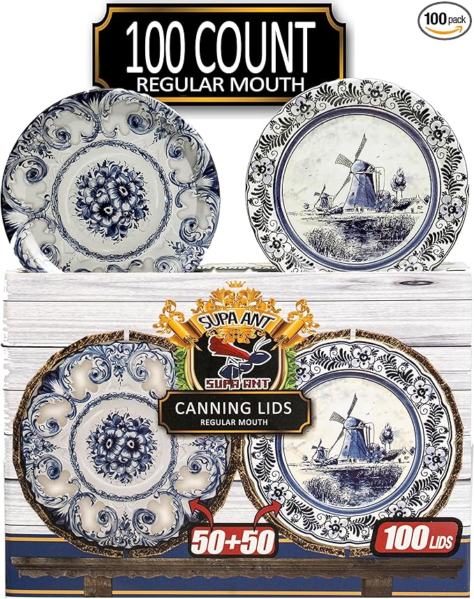 Supa Ant Canning Lids Regular Mouth (100pcs) Decorative Tin Canning Lids Regular Mouth (Vintage Plates) Buckle Proof and Rust Proof - Perfect Fit Can Lid for Mason Jars Canning Supplies