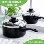 GreenLife Soft Grip 1QT and 2QT Saucepan Set, Healthy Ceramic Nonstick, Non Toxic PFAS & PFOA-Free, Dishwasher Safe, Glass Lids, Stay-Cool Handles, Easy Clean Cookware, Kitchen Essentials, Black
