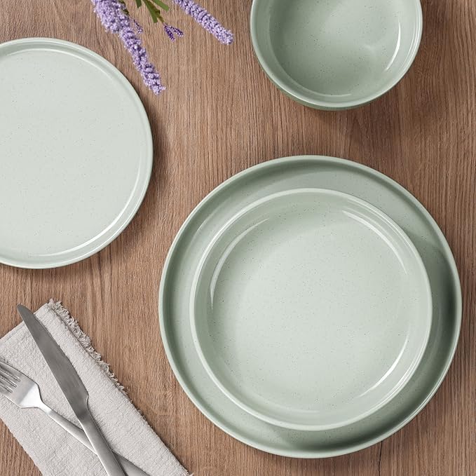HaWare 16-Piece Plates and Bowls Set for 4, Stoneware Dinnerware Sets with Pasta Bowl, Dishes Set for Home Restaurant, Speckled Asparagus Green