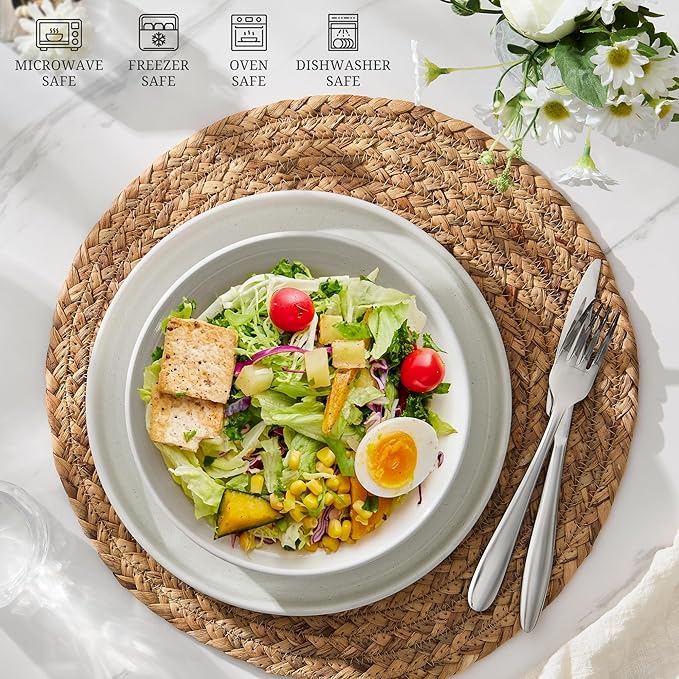 E-far Pasta Bowls Set of 6, 35oz Large Salad Bowl Plate for Dinner Serving Soup, Wide & Shallow Ceramic Stoneware Pasta Plates, Microwave & Dishwasher Safe, Textured Stripes & Speckled White, 8”