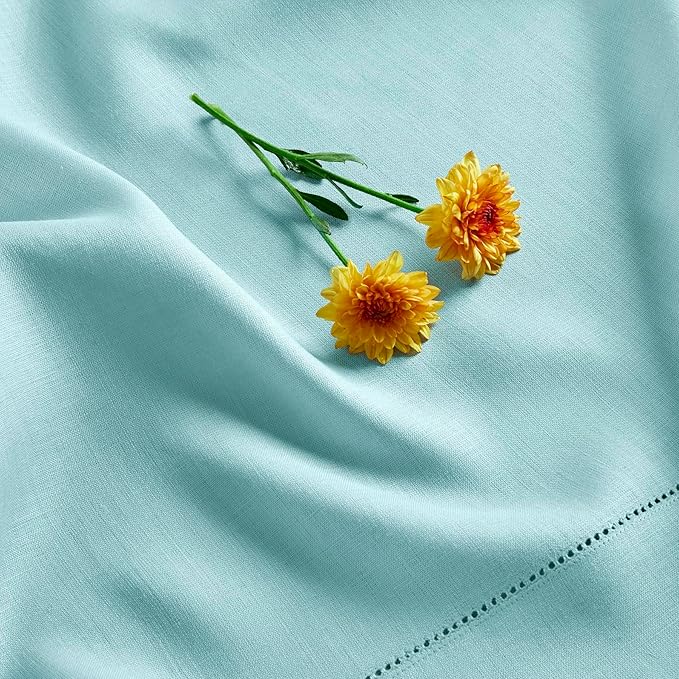 Solino Home Linen Tablecloth for Rectangle Tables 60 x 108 Inch - Classic Hemstitch 100% Pure Linen Aqua Blue Table Cloth - Machine Washable Cloth Tablecloth for Summer