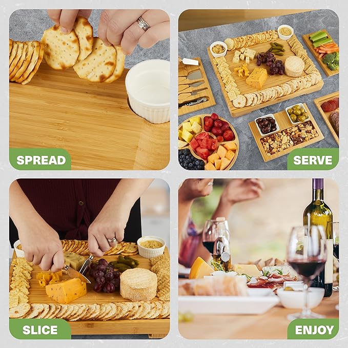 Dynamic Gear Charcuterie Boards with Drawers - Expandable Bamboo Cheese Board Set with Stainless Steel Utensils, Ceramic Bowls, Serving Trays, Utensil Drawer, and Appetizer Tray - 4 Hidden Drawers