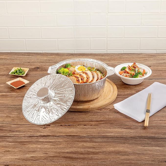 Foil Lux 60 Ounce Pans And Lids, 10 Disposable Pots With Lids - Oven-Ready, Stove Compatible, Aluminum Foil Baking Pans, Freezable, For Outdoor Camping, Vacation, Picnic, And More - Restaurantware