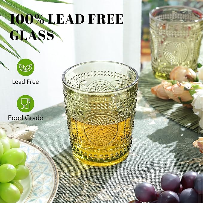 Joeyan Green Vintage Drinking Glasses,Embossed Small Sunflower Water Glass Tumbler,11oz Colored Boho Beaded Glassware for Beverages Juice Whisky Cocktail Beer Wine,Set of 6,Dishwasher Safe