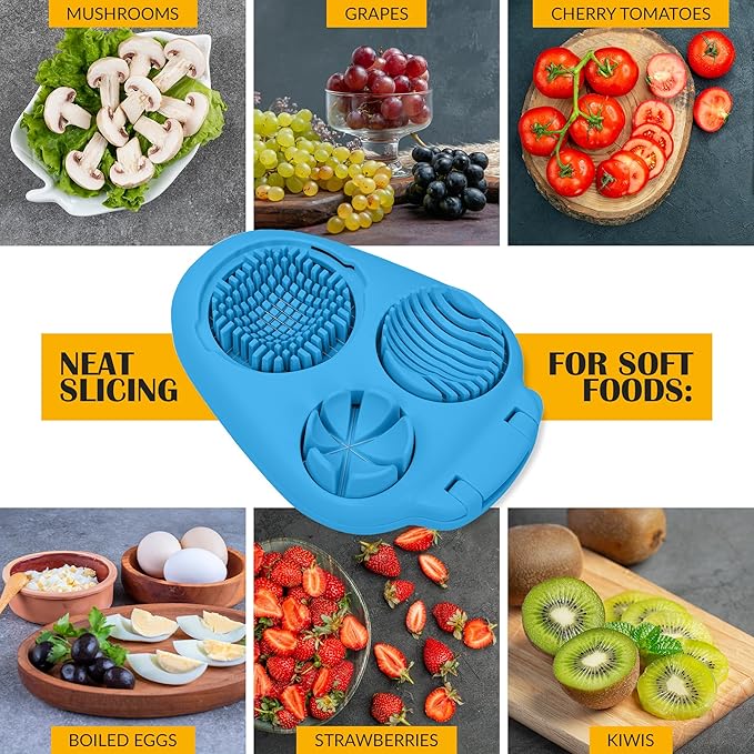 CraftyCrocodile Egg Slicer for Hard Boiled Eggs - 3 Slice Modes Egg Cutter, Heavy Duty, Stainless Steel Dicer - Kitchen Chopper Tool for Strawberry, Mushroom, Grape, Cherry Tomato - Blue