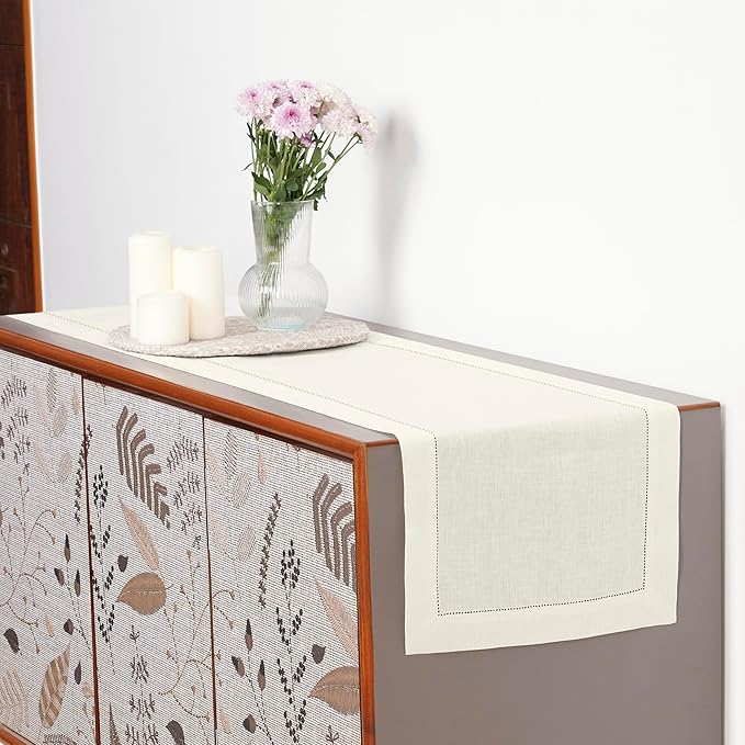 D'Moksha Homes Linen Ivory Table Runner 72 Inches Long - 100% Pure Linen Hemstitch Table Runner 14 x 72 Inch for Dresser, Dining, Summer, Fall and Halloween - Classic Hemstitch