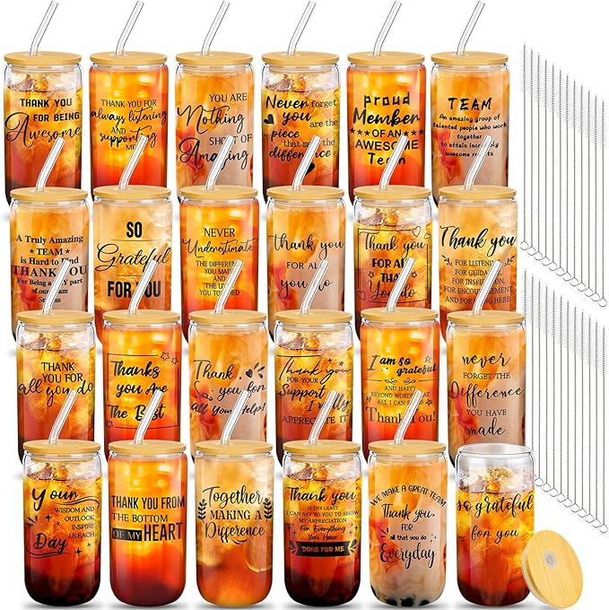Layhit 24 Set Bulk Thank You Team Gifts Cups for Employees Staff Coworker Christmas Appreciation Gifts Thank You Glass Cups 16 oz Can Shaped Beer Glass with Lids Straws Brushes(Bright Style)