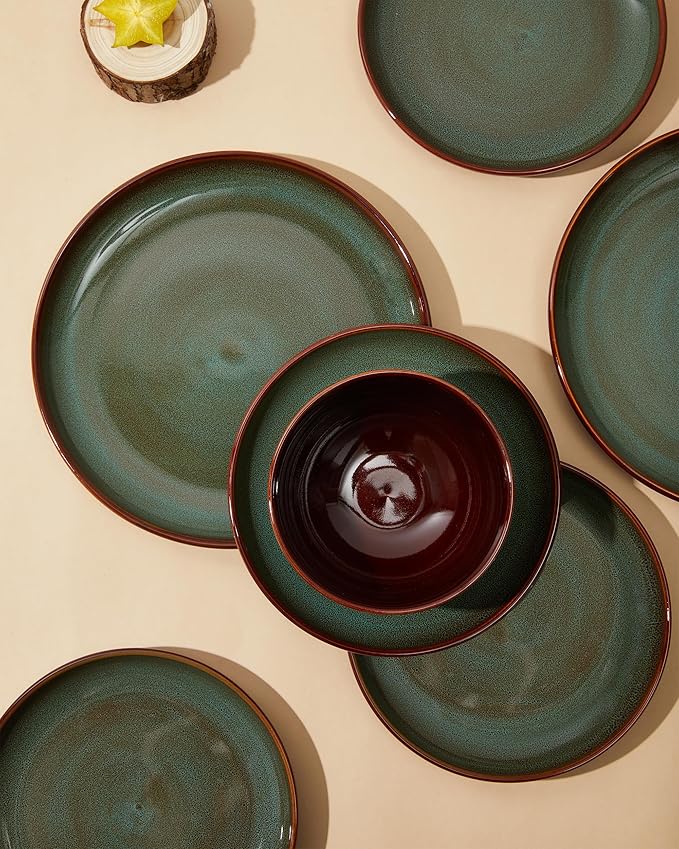 Stoneware Dinner Plates Set of 6, Ceramic Plates With Lipped Edges, Microwave/Dishwasher Safe, Modern Rustic Dinnerware, Kitchen Reactive Glaze Serving Dishes, Brown Green