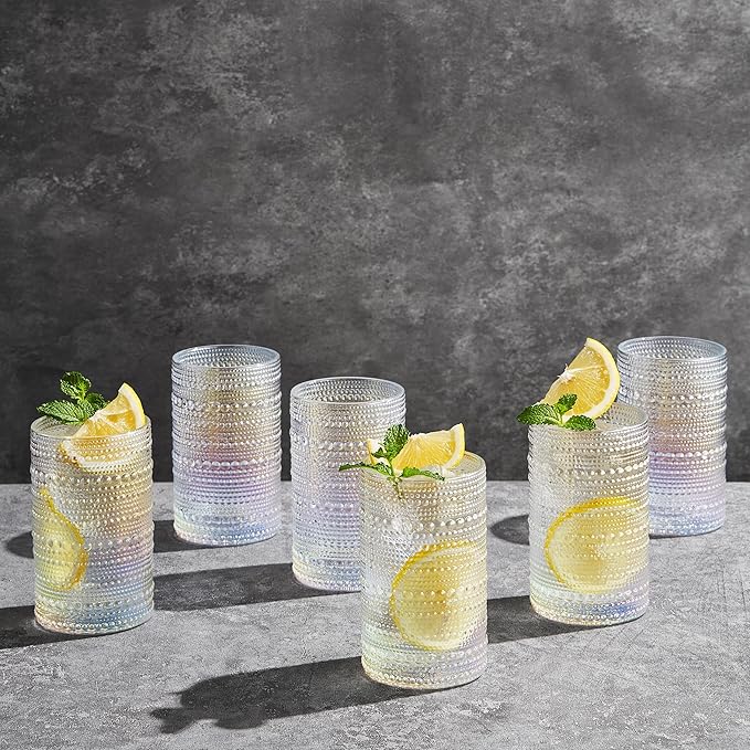 Hobnail Beaded Highball Drinking Tumbler Glasses | Set of 6 | Clear, Vintage Bubble Design Whiskey Glassware, Old-Fashioned, Embossed Design, Water, Wine, Cocktail Embossed Heavy Glass, Rocks Glass
