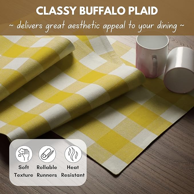 Native Fab Table Runner Buffalo Check Plaid 100% Cotton - 13x90 Inches Kitchen Dining Table Decoration for Indoor Farmhouse Home Decor - Lemon Yellow and White