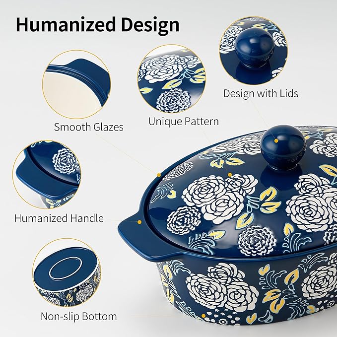 Ceramic Casserole Dish With Lid, Casserole Dishes for Oven, Baking Dish Lasagna Pans For Cooking, Oval Baking Pan, Dutch Oven, Perfect for Bread Baking and Serving, Housewarming, Thanksgiving - Blue