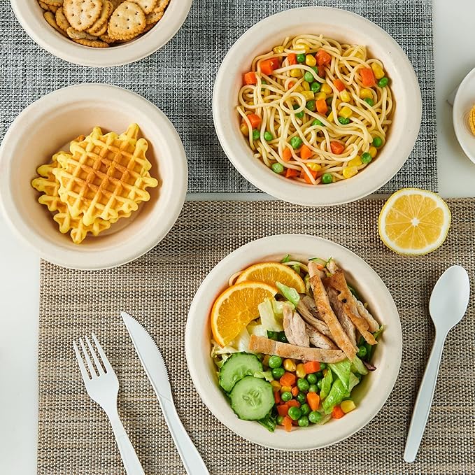 ECOLipak 150 Pack Compostable Disposable Paper Bowls, 12 OZ Bagasse Heavy duty Biodegradable Eco Friendly Sugarcane Soup Bowls for Salad Dessert(Nature)