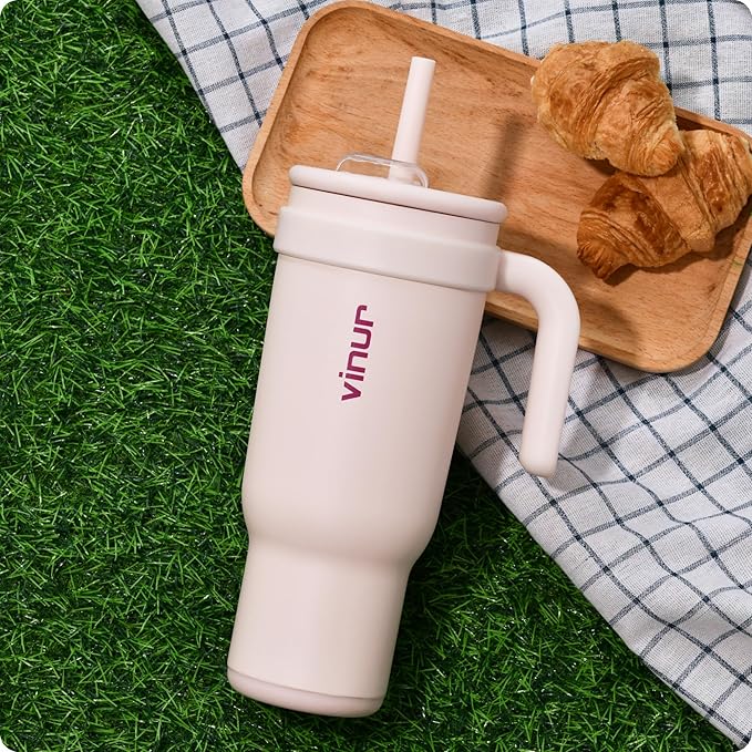 VINUR Insulated Tumbler with Handle-18/8 Stainless Steel Tumbler with Lid and Straw-Reusable Drink Water Cup Travel Mug for Women| Fits Cupholders|30 oz | Pink