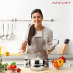 AVACRAFT 18/10, 3 Piece Stainless Steel Steamer Cooking Pot & Pan Set with Glass Lid, Momo Maker, Induction