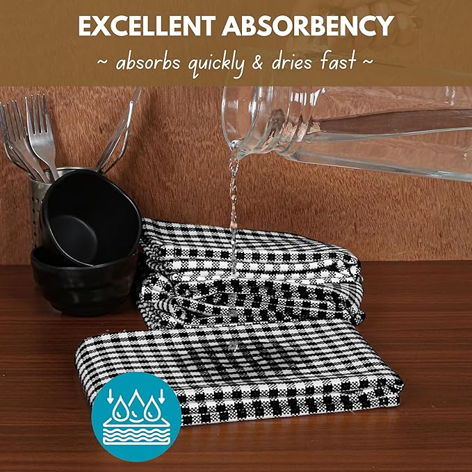 Native Fab Black Gingham Dish Towels 16"x26" Set of 12 - Cotton Mini Check Plaid Towels, Soft Absorbent Dishcloths with Hanging Loop, Kitchen Towel for Quick Drying - Black White
