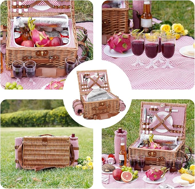 Picnic Basket for 4, Insulated Willow Picnic Baskets with Shoulder Strap, Picnic Hamper with Waterproof Picnic Blanket, Handmade Wicker Hamper for Outdoor, Great Gifts for Thanksgiving, Christmas