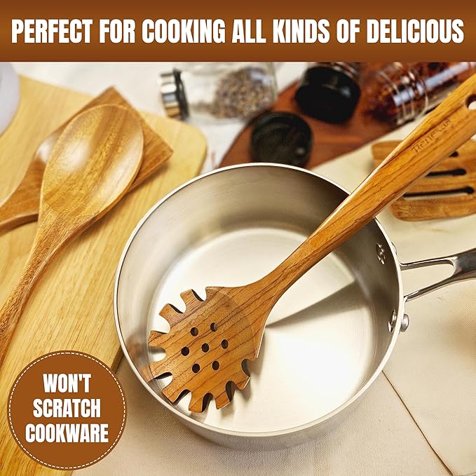 Wooden Spoons for Cooking Utensils, Natural Teak Wooden Cooking Spoons with Nonstick Spatula Set, Bamboo Kitchen Utensils With Holder, Wood Spoon Set for Kitchen Essentials (6)