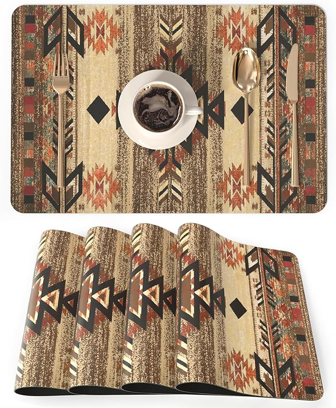 QIYI Placemats Set of 4, 12x18 Inch PU Leather Place Mats for Kitchen Dinning, Heat Resistant Anti Slip Brown Table Mats, Waterproof Wipeable Washable Placemat Party Table Décor, Geometric Motifs