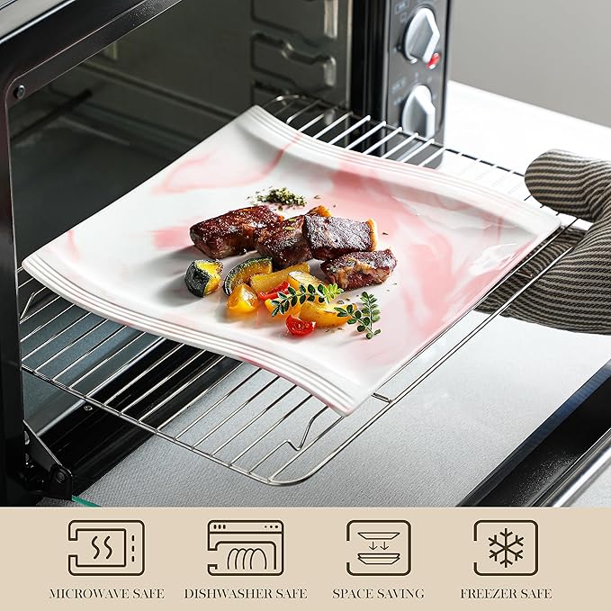 MALACASA Dinnerware Sets, 30-Piece Pink Plates and Bowls Sets for 6, Porcelain Dinnerware Set with Plates and Bowls, Cups and Sacuers, Square Dish Set, Modern Dining Ware Set, Series Flora