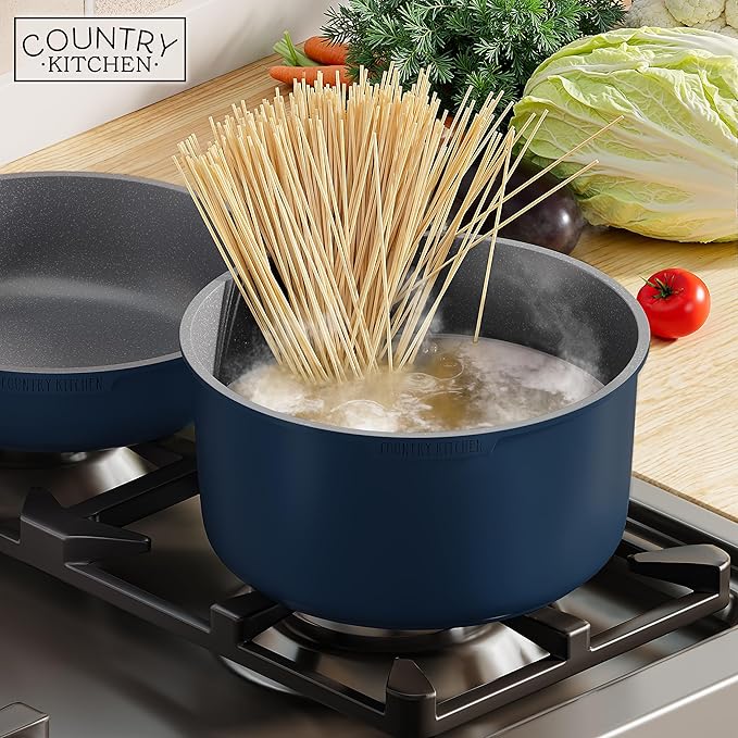 Country Kitchen Cookware Set with Removable Handle, Oven & RV Safe Pots and Pans Set, Denim, Original