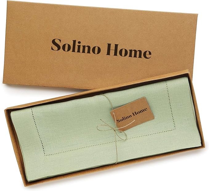 Solino Home Linen Table Runner 36 Inches - 100% Pure Linen Sage Green Hemstitch Table Runner 14 x 36 Inch Ideal for Dresser and Coffee Tables - Summer, Fall, Autumn - Classic Hemstitch